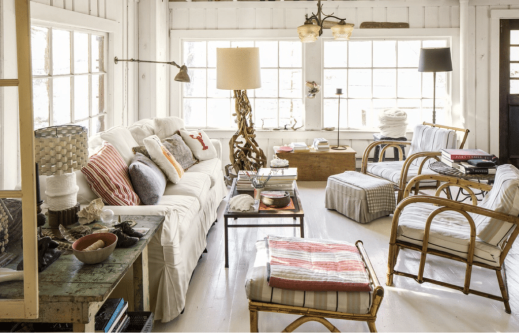 old money aesthetic, light den with white walls and windows.